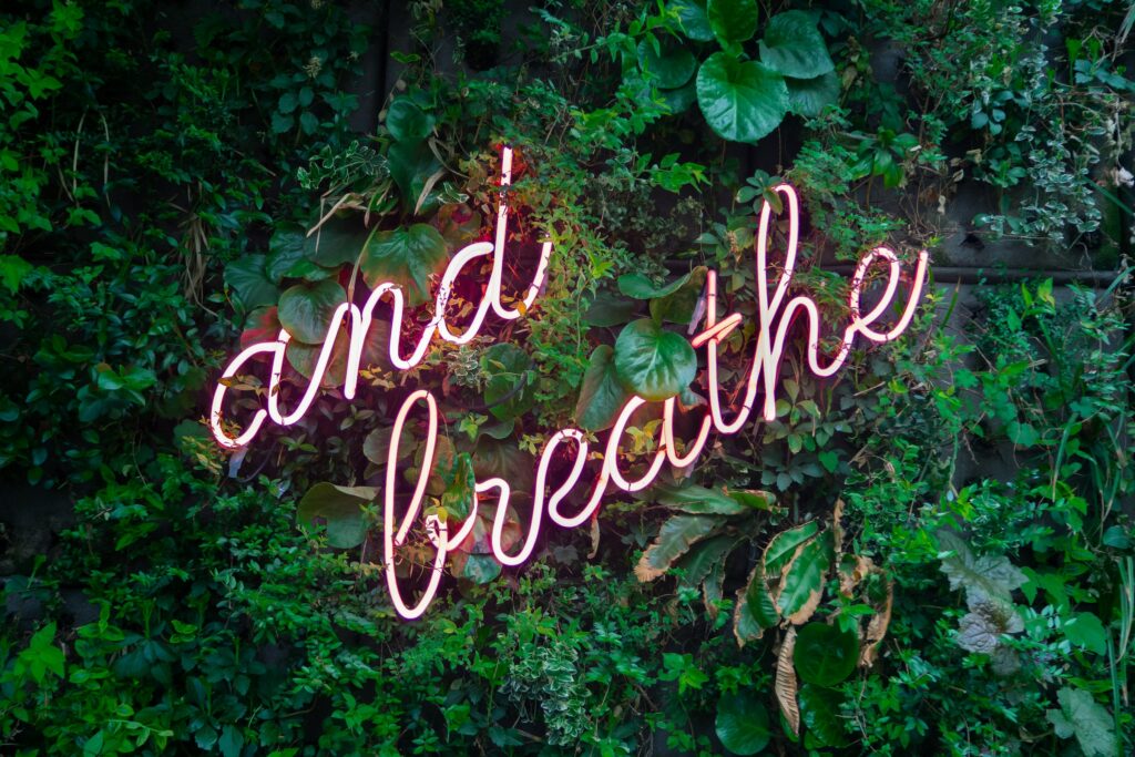 'and breathe' neon sign on plant wall - Decluttering: Your key to a stress-free house move